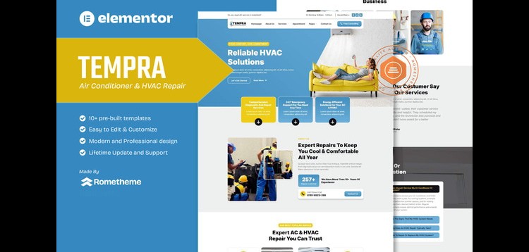 Item cover for download Tempra - Air Conditioner & HVAC Repair Elementor Template Kit